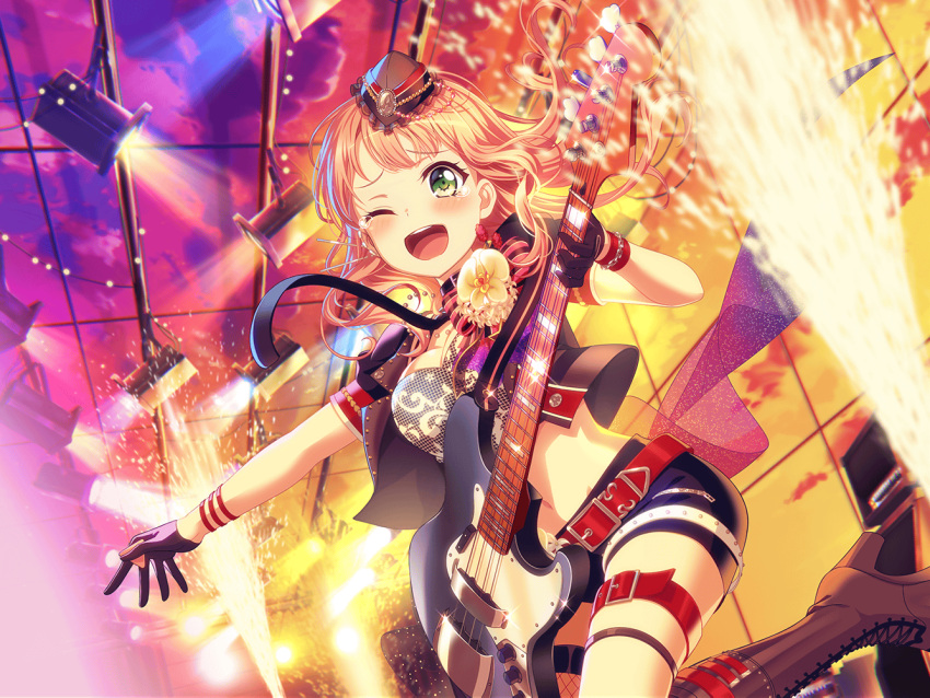 1girl bang_dream! bass_guitar black_gloves blonde_hair blush dress green_eyes holding_instrument long_hair looking_at_viewer official_art open_mouth smile solo stage_lights sunset tears uehara_himari wink