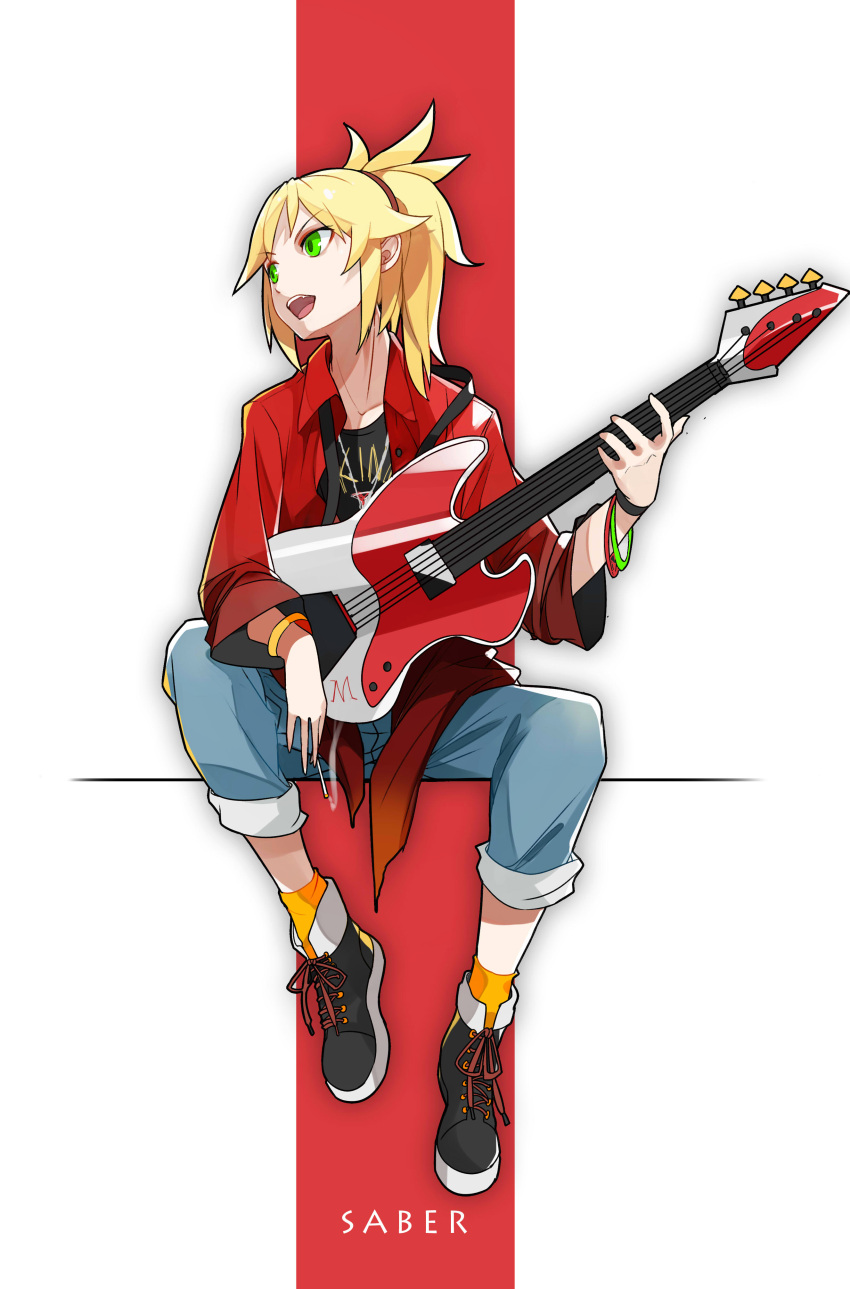 1girl absurdres black_shirt blonde_hair blue_pants character_name collarbone dress_shirt fate/apocrypha fate_(series) full_body green_eyes guitar hair_ornament highres holding holding_instrument instrument long_hair looking_to_the_side mordred_(fate) mordred_(fate)_(all) open_clothes open_mouth open_shirt pants ponytail red_shirt shirt sitting solo takumi_chiho