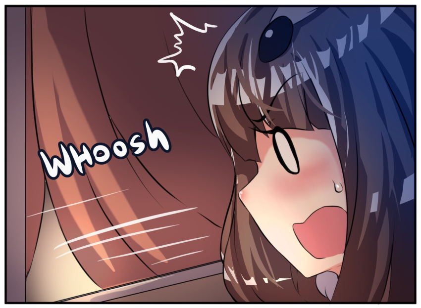 1girl bangs blush brown_hair bug comic eyebrows_visible_through_hair highres hinghoi insect insect_girl long_hair moth moth_girl motion_lines open_mouth original personification sidelocks solo speech_bubble surprised sweatdrop window window_shade