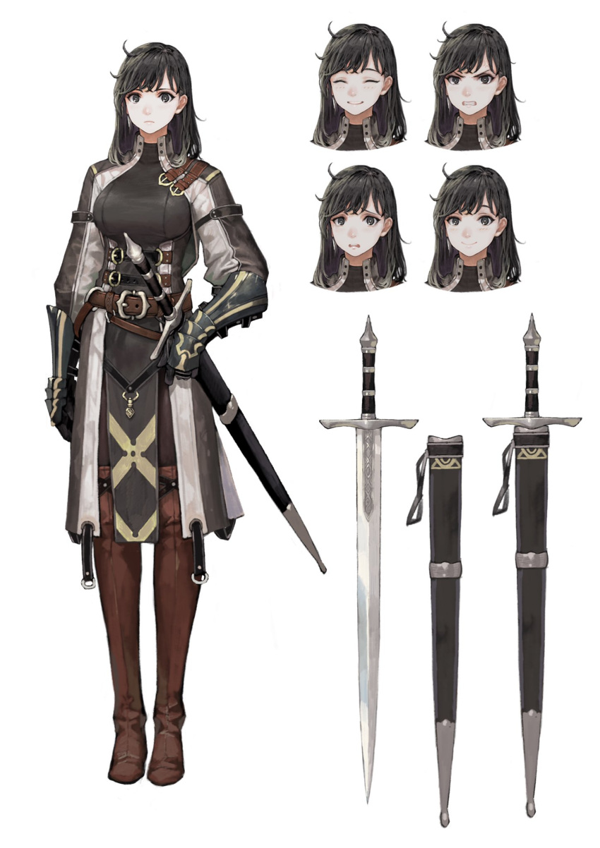 1girl belt black_eyes black_hair blush buckle character_sheet commentary earrings expressions gauntlets highres holding holding_weapon jewelry jun_(seojh1029) medium_hair original scabbard sheath solo sword weapon