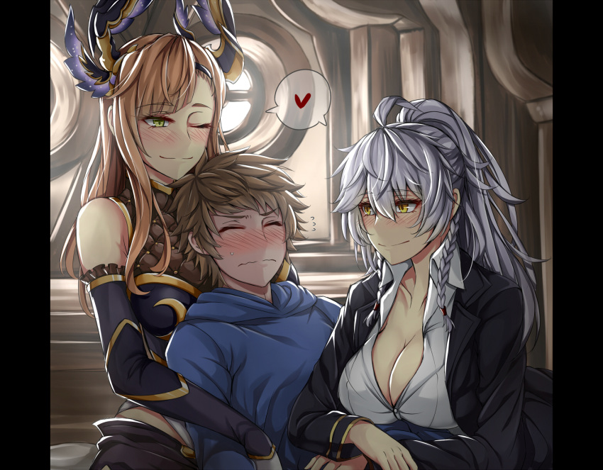 1boy 2girls ;) ahoge bare_shoulders blush braid breasts brown_hair cleavage closed_eyes collarbone commentary detached_sleeves embarrassed eyebrows_visible_through_hair girl_sandwich gran_(granblue_fantasy) granblue_fantasy green_eyes hair_between_eyes heart highres indoors large_breasts long_hair looking_at_another multiple_girls nose_blush one_eye_closed pillarboxed ponytail sandwiched sanmotogoroo silva_(granblue_fantasy) silver_hair smile song_(granblue_fantasy) spoken_heart twin_braids wavy_mouth yellow_eyes