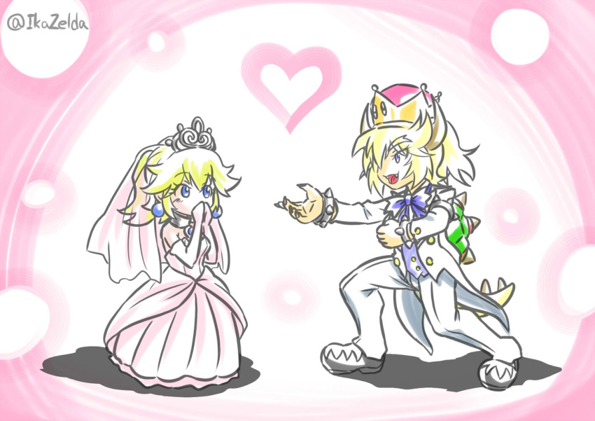 artist_name blonde_hair blue_eyes bowsette choker commentary_request covering_mouth dress earrings heart horns jewelry super_mario_bros. mimasato new_super_mario_bros._u_deluxe nintendo pink_background princess_peach proposal smile turtle_shell tuxedo wedding_dress yuri
