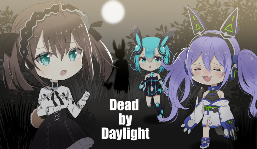 3girls =_= ahoge animal_ear_headphones animal_ears aqua_hair asymmetrical_legwear bangs bare_shoulders black_dress black_hairband black_legwear black_ribbon black_skirt blush boots breasts brown_hair chibi closed_eyes copyright_request crying dead_by_daylight detached_sleeves dress elbow_gloves eyebrows_visible_through_hair frilled_skirt frills gloves green_eyes hair_between_eyes hair_ribbon hairband headphones highres japanese_clothes kimono long_hair long_sleeves multiple_girls myusha obi off_shoulder open_mouth partly_fingerless_gloves purple_footwear purple_hair ribbon sash shirt short_dress short_kimono silhouette single_thighhigh skirt sleeveless sleeveless_dress small_breasts sweat tail tears thigh-highs twintails underbust very_long_hair virtual_youtuber white_gloves white_kimono white_shirt