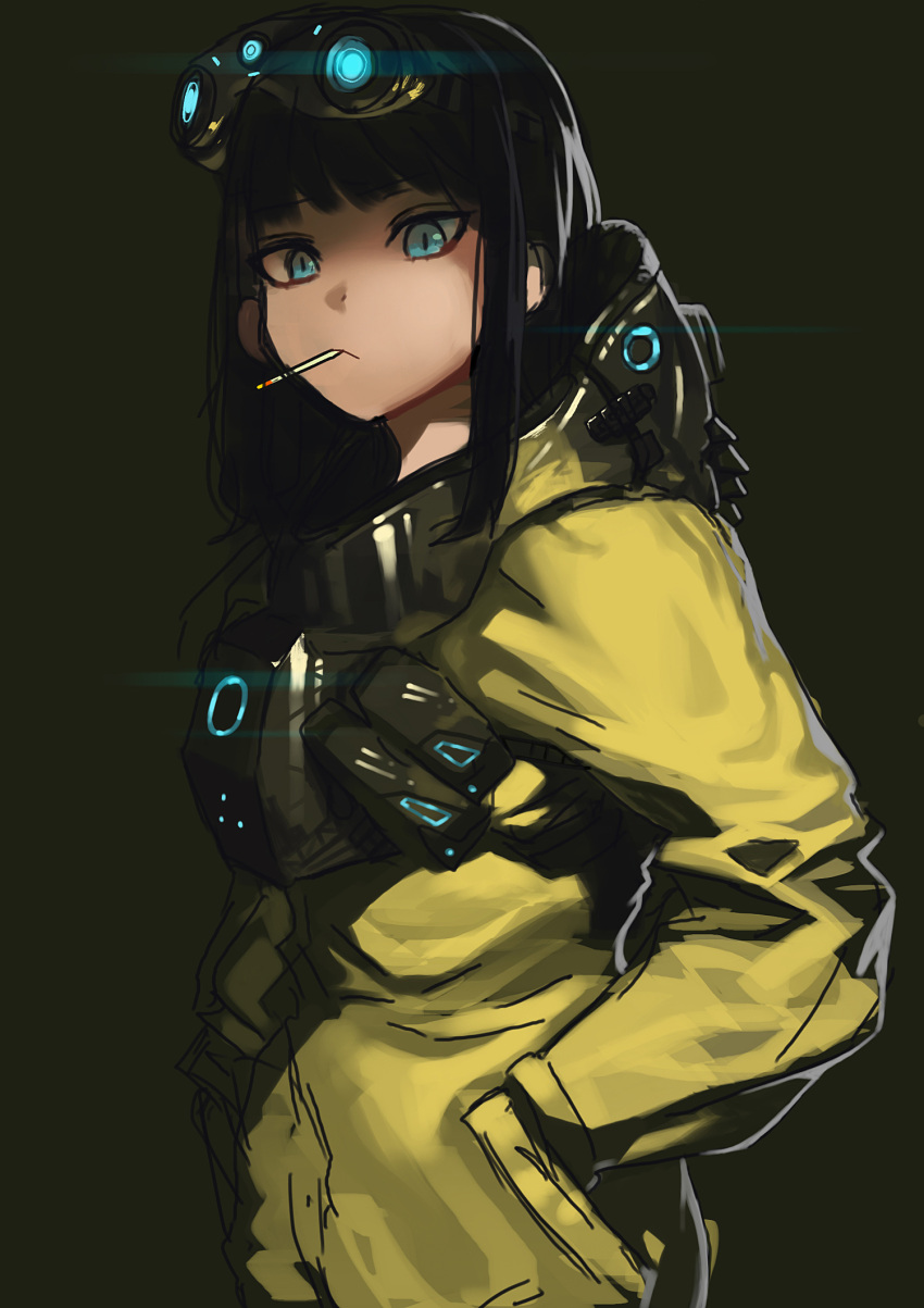 1girl black_hair blue_eyes cigarette frown goggles goggles_on_head green_background hands_in_pockets highres ihobus jacket long_hair looking_at_viewer original simple_background sketch solo