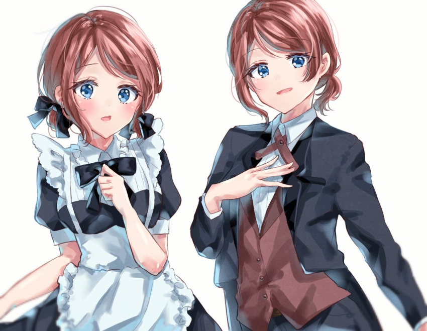 2girls \||/ alternate_hairstyle apron black_jacket black_neckwear black_ribbon blue_eyes blush bow bowtie brown_hair brown_neckwear clenched_hand collared_dress collared_shirt dress dual_persona eyebrows_visible_through_hair formal hair_ribbon hand_on_own_chest hand_up jacket long_sleeves looking_at_viewer love_live! love_live!_sunshine!! maid maid_apron minori_748 multiple_girls open_mouth ponytail ribbon shirt short_hair short_sleeves simple_background suit twintails upper_body watanabe_you white_apron white_background