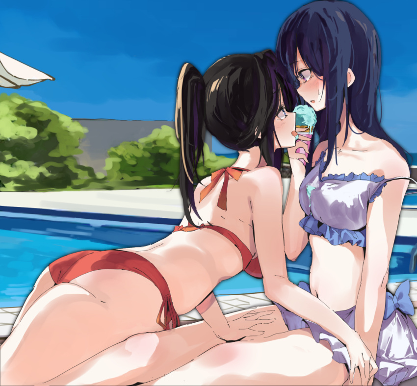 2girls ass bangs bare_arms bare_shoulders bikini black_hair blue_eyes blue_sky blush breasts commentary_request day eye_contact eyebrows_visible_through_hair food frilled_bikini frills hair_between_eyes hibike!_euphonium holding holding_food ice_cream ice_cream_cone kasaki_nozomi lamb_(hitsujiniku) liz_to_aoi_tori long_hair looking_at_another medium_breasts multiple_girls navel outdoors ponytail pool poolside purple_hair red_bikini sky strap_slip sweat swimsuit violet_eyes water white_bikini yoroizuka_mizore yuri