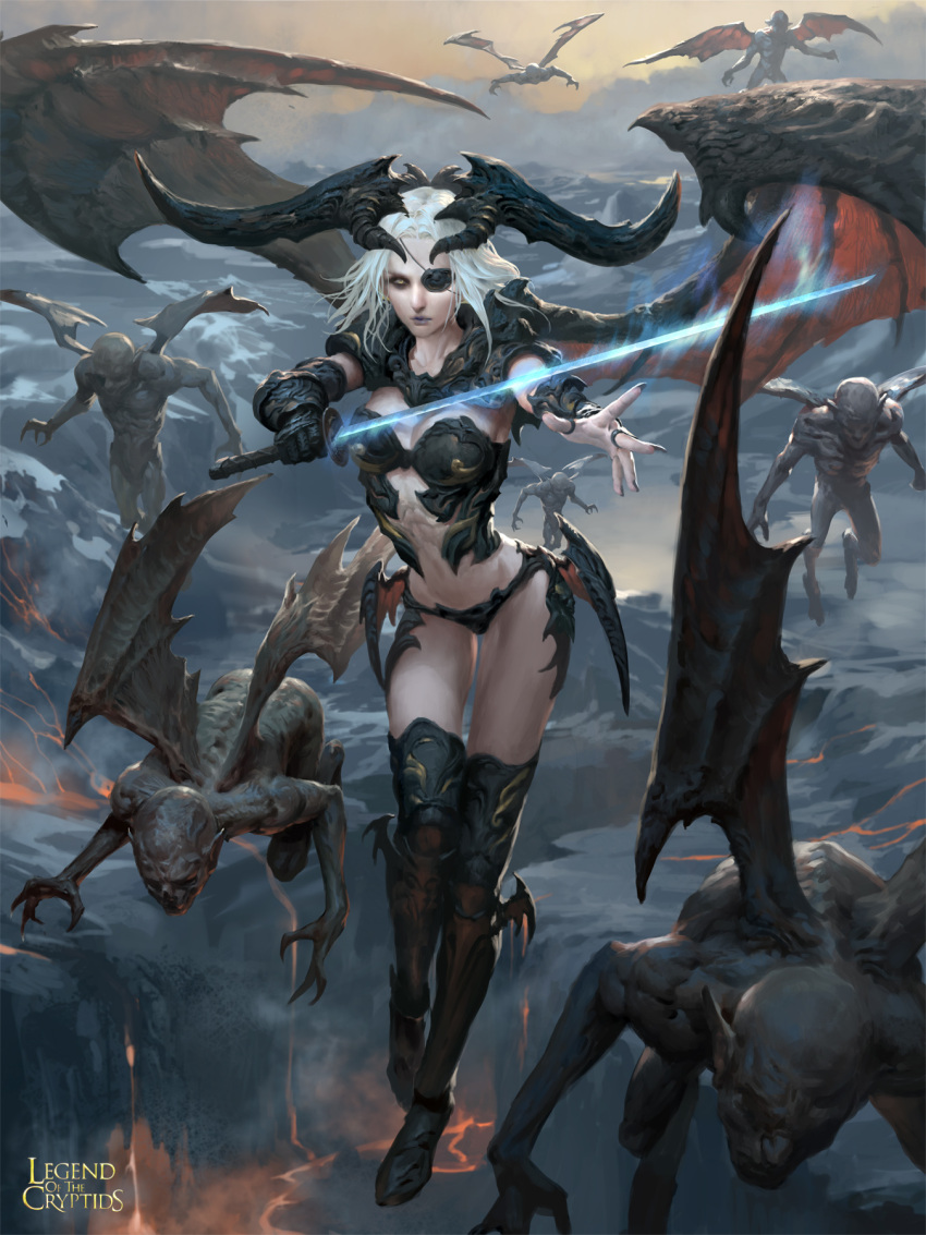 1girl armor armored_boots bat_wings boots breasts center_opening cleavage copyright_name demon eyepatch faceless faceless_male highres horns legend_of_the_cryptids lipstick lius_lasahido makeup midriff navel official_art pointy_ears sky solo sword weapon white_hair wings yellow_eyes