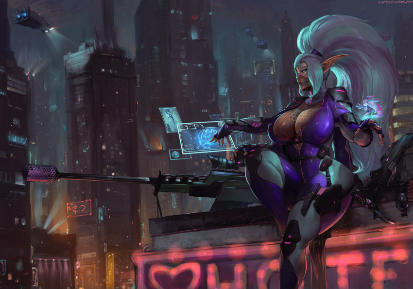 1girl arm_guards armor assault_rifle augmented_reality big_hair billboard blue_eyes bodysuit breasts building city cityscape cleavage commission curvy cutesexyrobutts cyberpunk fantasy fingerless_gloves gloves gun heads-up_display high_ponytail hologram holographic_interface holographic_touchscreen huge_breasts knee_pads knife knife_holster lights long_hair mask microphone mutant neon_lights night night_sky ninja_mask open_bodysuit original pointy_ears ponytail purple_bodysuit rifle science_fiction shoulder_pads sidelocks sitting sky skyscraper sniper_rifle solo space_craft strap tan thick_thighs thighs vehicle very_long_hair weapon white_hair wide_hips