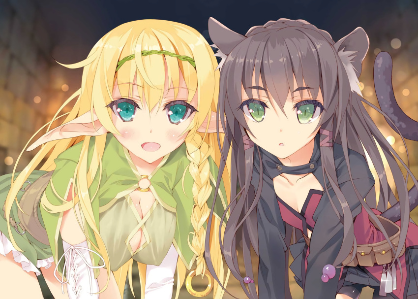 2girls :d all_fours animal_ears bangs belt bike_shorts black_hair blonde_hair blue_eyes blush braid breasts capelet cat_ears cleavage cleavage_cutout covered_nipples dress elbow_gloves elf eyebrows_visible_through_hair gloves green_eyes hair_between_eyes hairband hanging_breasts highres isekai_maou_to_shoukan_shoujo_dorei_majutsu large_breasts long_hair looking_at_viewer multiple_girls night o-ring o-ring_top open_mouth outdoors pointy_ears rem_galeu shera_l_greenwood shorts side_braid small_breasts smile tail tsurusaki_takahiro