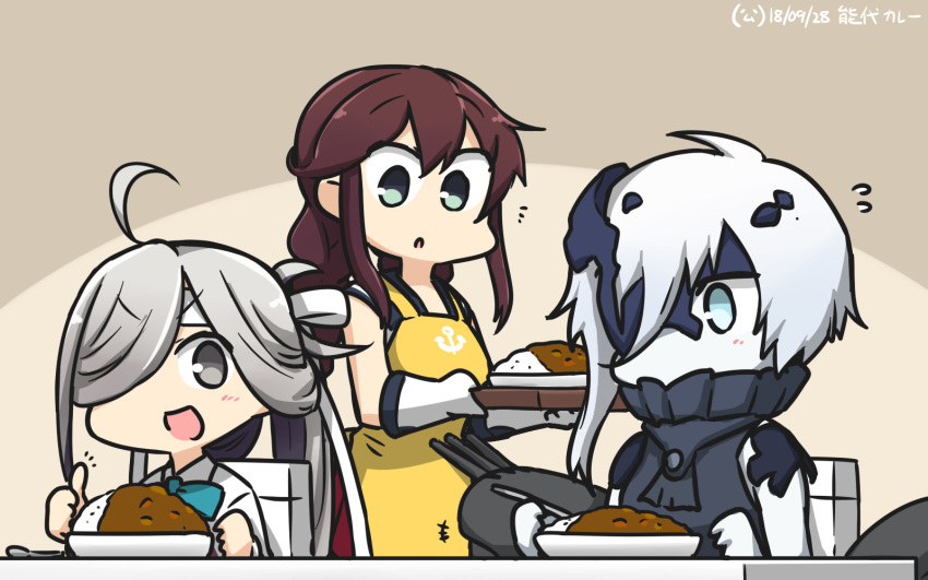 3girls :d ahoge apron aqua_bow aqua_neckwear asashimo_(kantai_collection) black_sailor_collar bow bowtie braid brown_hair commentary curry curry_rice dated eyebrows_visible_through_hair flying_sweatdrops food gloves hair_over_one_eye hamu_koutarou highres holding holding_spoon kantai_collection long_hair multiple_girls ne-class_heavy_cruiser noshiro_(kantai_collection) open_mouth rice sailor_collar shinkaisei-kan shirt silver_hair single_braid sitting sleeveless smile spoon thumbs_up v-shaped_eyebrows white_gloves white_hair white_shirt yellow_apron