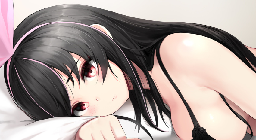 1girl a.i._channel bangs bare_shoulders black_bra black_hair blush bra breasts closed_mouth commentary_request dark_persona eyebrows_visible_through_hair greem_bang grey_background hair_ribbon hairband kizuna_ai long_hair looking_at_viewer lying medium_breasts multicolored_hair on_side pink_hair pink_hairband pink_ribbon red_eyes ribbon simple_background solo streaked_hair underwear upper_body virtual_youtuber