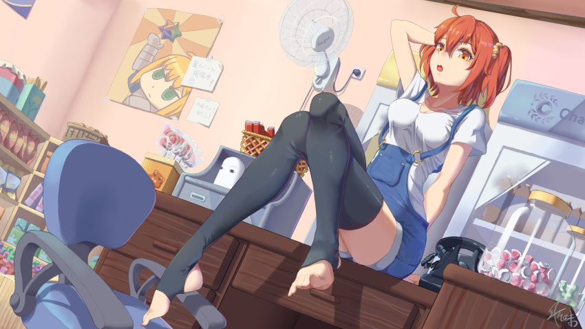 artoria_pendragon_(all) bedroom black_legwear blue_shorts brown_eyes brown_hair dutch_angle fate/grand_order fate_(series) fujimaru_ritsuka_(female) hair_between_eyes hair_ornament hair_scrunchie hand_in_hair highres indoors kiaji_(pixiv7643817) legs_crossed multiple_girls open_mouth saber scrunchie shiny shiny_hair shirt short_hair short_shorts short_sleeves shorts side_ponytail sitting solo suspender_shorts suspenders thigh-highs white_shirt yellow_scrunchie zettai_ryouiki