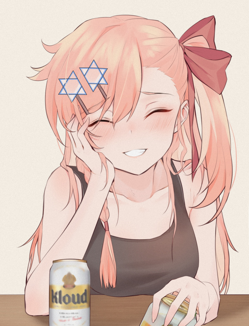 alternate_costume beer_can blush braid can closed_eyes commentary eyebrows_visible_through_hair girls_frontline hair_ornament hair_ribbon hairpin hand_on_own_cheek highres jingo negev_(girls_frontline) pink_hair pov_across_table red_eyes ribbon smile table tank_top