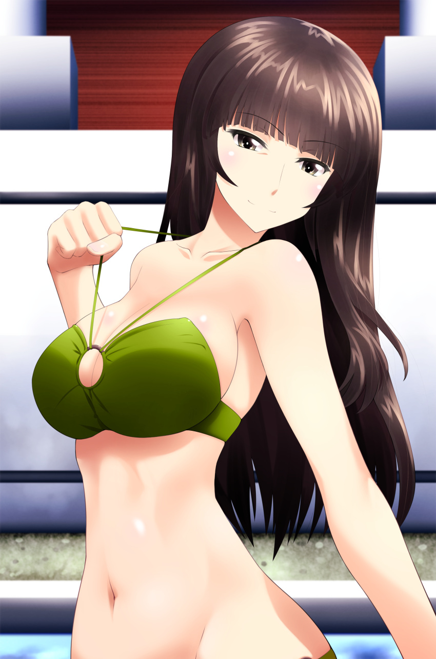 1girl absurdres bangs blunt_bangs blurry blurry_background breasts closed_mouth commentary_request depth_of_field eyebrows_visible_through_hair girls_und_panzer green_bikini_bottom half-closed_eyes head_tilt highres long_hair looking_at_viewer mature medium_breasts miraino_tsubasa navel nishizumi_shiho partial_commentary smile solo standing straight_hair strap_lift upper_body