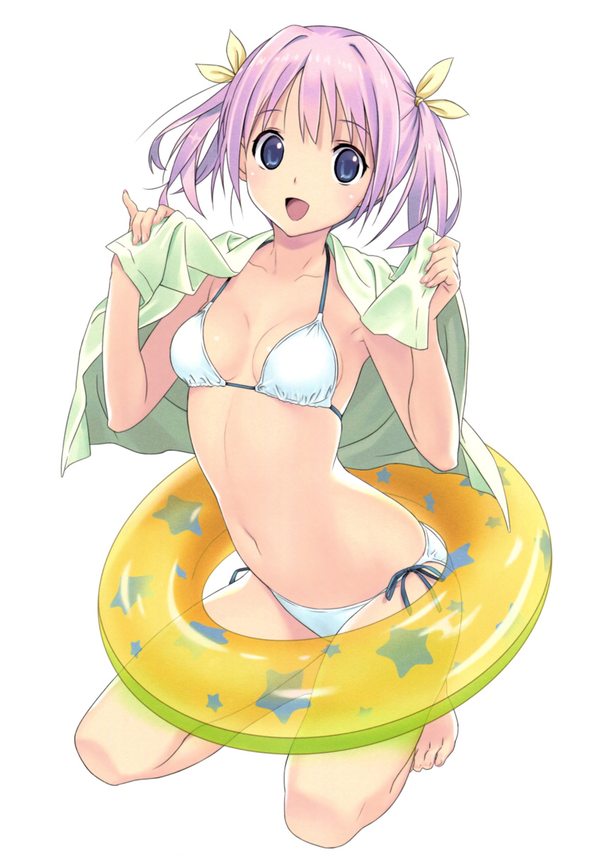 1girl absurdres bare_legs barefoot bikini blue_eyes breasts collarbone fingernails full_body highres innertube kneeling koutaro looking_at_viewer medium_breasts navel open_mouth original pink_hair see-through shiny shiny_hair shiny_skin short_twintails side-tie_bikini simple_background smile solo star star_print swimsuit toes towel towel_around_neck twintails