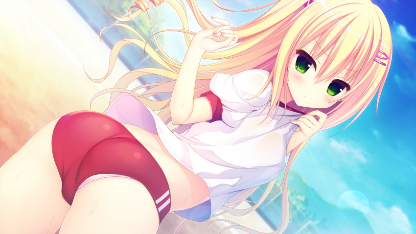 ass blonde_hair blush buruma day double_vertical_stripe dutch_angle eyebrows_visible_through_hair game_cg green_eyes gym_uniform hair_ornament hairclip hasune highres long_hair looking_at_viewer official_art outdoors panties panty_peek raspberry_cube red_buruma shirt_pull short_sleeves sweat underwear yuzuki_yuu