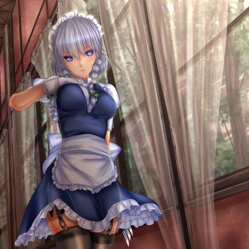 1girl apron bangs black_legwear blue_dress blue_eyes bow braid breasts commentary_request cowboy_shot curtains dress eyebrows_visible_through_hair frilled_apron frills garter_straps gloves green_bow hair_between_eyes hair_bow hand_on_own_chest head_tilt highres holding holding_knife holding_weapon indoors izayoi_sakuya knife knives_between_fingers light_particles looking_at_viewer maid maid_apron maid_headdress medium_breasts parted_lips petticoat puffy_short_sleeves puffy_sleeves shirt short_hair short_sleeves shounen_(hogehoge) silver_hair solo standing thigh-highs thighs touhou tree twin_braids waist_apron weapon white_apron white_gloves white_shirt window wing_collar zettai_ryouiki