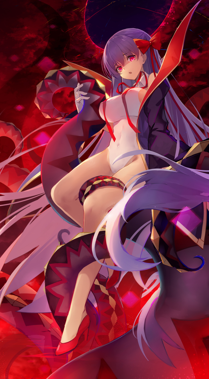 1girl :o absurdres arm_at_side baisi_shaonian bangs bare_legs bare_shoulders bb_(fate)_(all) bb_(swimsuit_mooncancer)_(fate) black_coat bow breasts coat covered_navel covered_nipples dark_background eyebrows_visible_through_hair fate/grand_order fate_(series) full_body gloves hair_between_eyes hair_bow high_heels highleg highleg_leotard highres impossible_clothes impossible_leotard large_breasts leotard long_hair neck_ribbon open_clothes open_coat open_mouth pink_eyes purple_hair red_bow red_footwear red_neckwear red_ribbon ribbon shaded_face sideboob sitting solo straight_hair tentacle very_long_hair white_gloves white_leotard