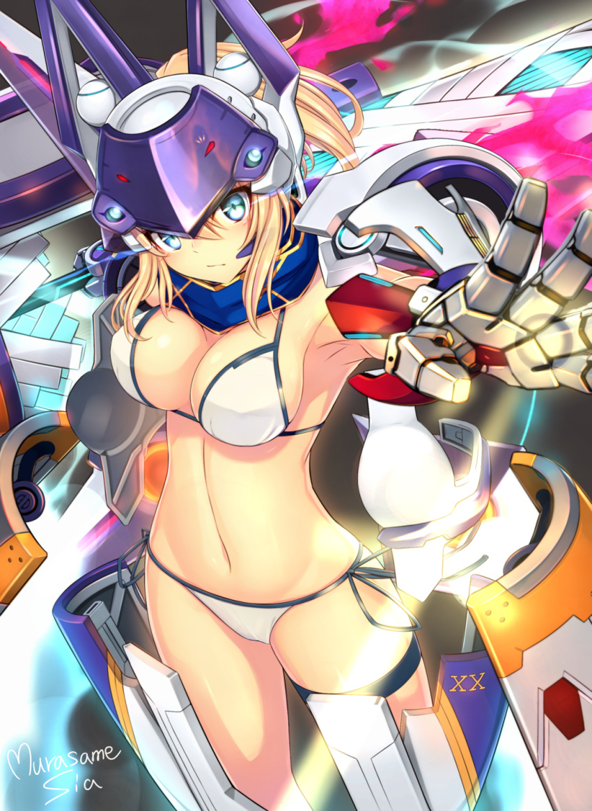 1girl armpits artoria_pendragon_(all) bangs bare_shoulders bikini blue_eyes blue_scarf blush breasts cleavage closed_mouth commentary_request fate/grand_order fate_(series) glowing hair_between_eyes head_tilt highres looking_at_viewer mecha_musume medium_breasts murasame_shia mysterious_heroine_xx_(foreigner) navel scarf side-tie_bikini signature solo swimsuit thigh_strap white_bikini