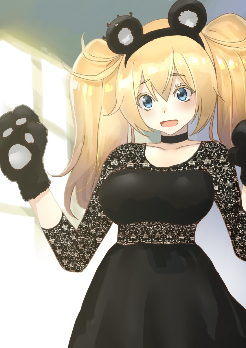 1girl animal_ears bear_ears bear_paws black_choker black_dress blonde_hair blue_eyes breasts choker collarbone commentary_request cosplay cowboy_shot dress gambier_bay_(kantai_collection) gloves hairband highres kantai_collection large_breasts looking_at_viewer masukuza_j open_mouth paw_gloves paws solo twintails
