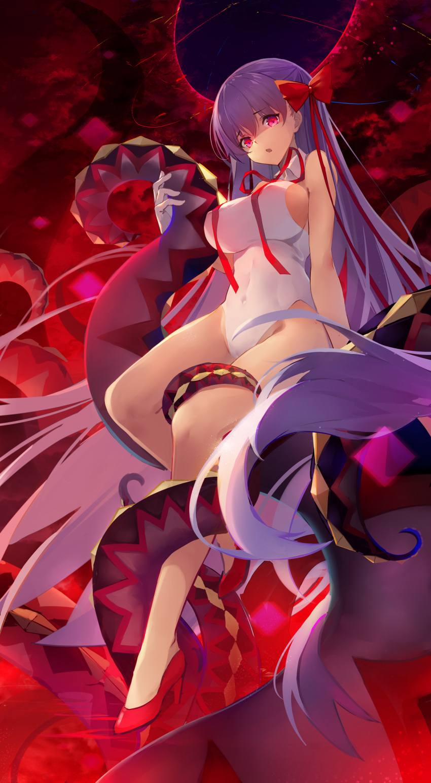 1girl :o absurdres arm_at_side baisi_shaonian bangs bare_legs bare_shoulders bb_(fate)_(all) bb_(swimsuit_mooncancer)_(fate) bow breasts covered_navel covered_nipples dark_background eyebrows_visible_through_hair fate/grand_order fate_(series) full_body gloves hair_between_eyes hair_bow high_heels highleg highleg_leotard highres impossible_clothes impossible_leotard large_breasts leotard long_hair neck_ribbon open_mouth pink_eyes purple_hair red_bow red_footwear red_neckwear red_ribbon ribbon shaded_face sideboob sitting solo straight_hair tentacle very_long_hair white_gloves white_leotard