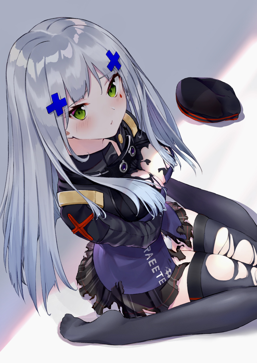 1girl absurdres bangs blush breasts cleavage facepaint from_above girls_frontline green_eyes hair_ornament headwear_removed highres hk416_(girls_frontline) long_hair looking_at_viewer medium_breasts no_shoes panties pantyshot pantyshot_(sitting) shadow sidelocks silver_hair simple_background sitting solo takubon_(xewh4773) thigh-highs torn_clothes torn_thighhighs underwear wariza white_panties