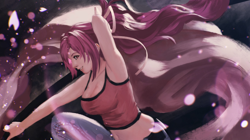 1girl arm_up armpits bare_arms bare_shoulders blush breasts camisole cherry_blossoms cleavage from_side hair_intakes hair_ribbon highres katana large_breasts long_hair midriff navel pants ponytail purple_hair red_eyes ribbon smile solo sword under_night_in-birth very_long_hair weapon yuurei yuzuriha_(under_night_in-birth)