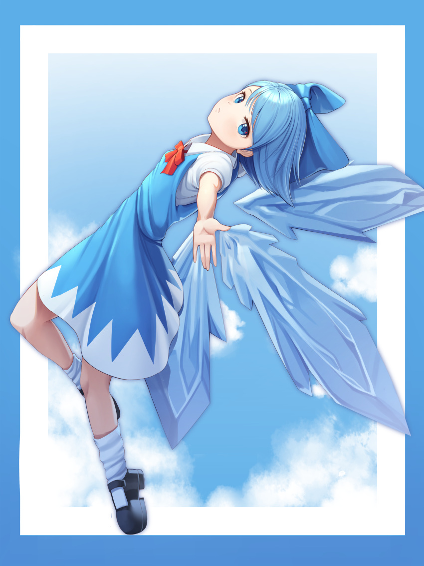 1girl absurdres black_footwear blue blue_bow blue_eyes blue_hair bow cirno closed_mouth clouds expressionless full_body goback hair_bow highres ice ice_wings looking_at_viewer puffy_short_sleeves puffy_sleeves red_bow short_hair short_sleeves socks solo touhou white_legwear wings