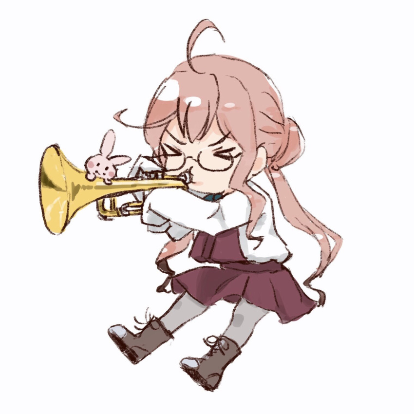 &gt;_&lt; ahoge boots ceroliz chibi commentary_request full_body grey_legwear hair_bun highres instrument kantai_collection long_hair long_sleeves makigumo_(kantai_collection) pantyhose pink_hair rabbit simple_background sleeves_past_wrists trombone white_background