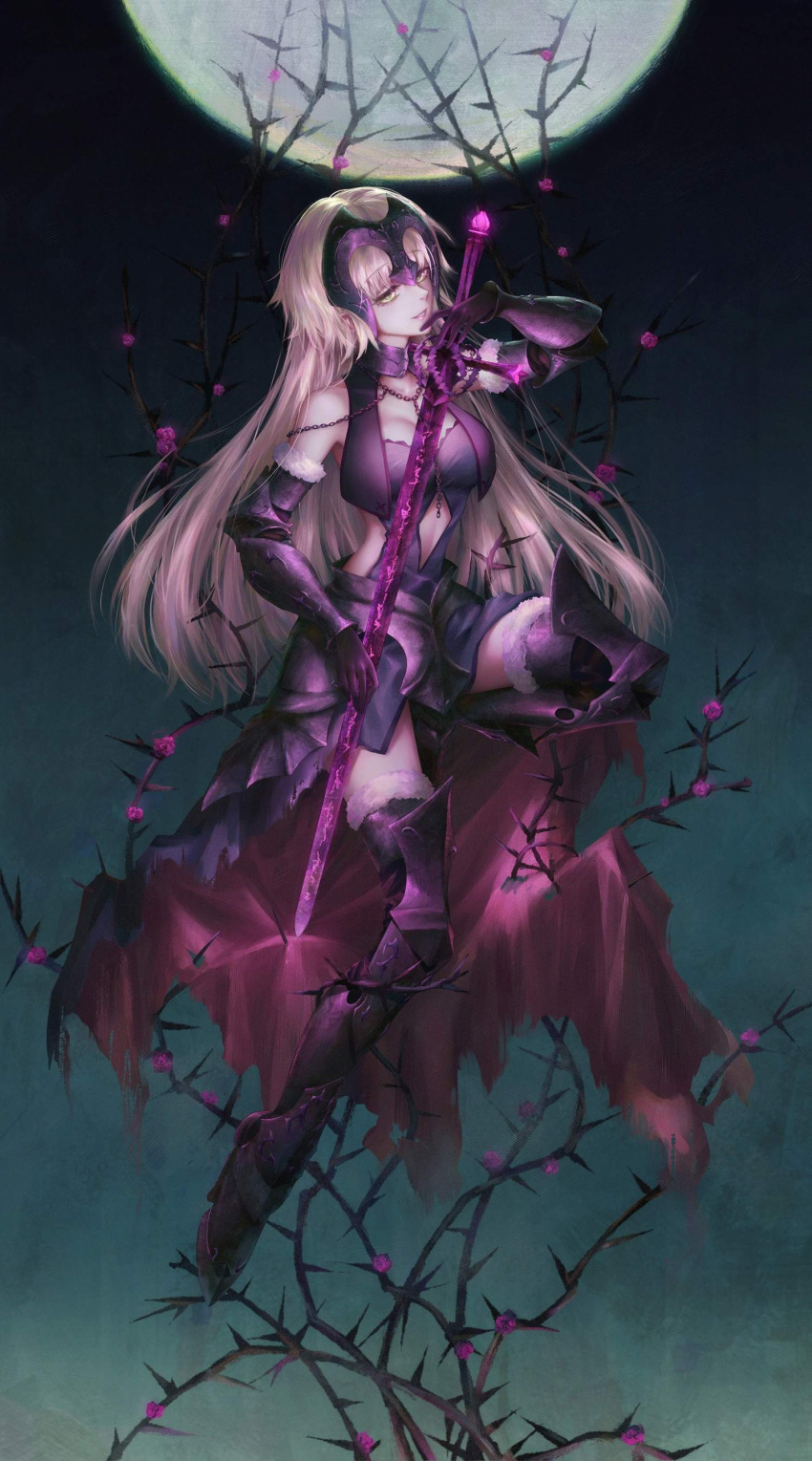 1girl absurdres armor armored_dress black_gloves black_legwear blonde_hair breasts chains choker cleavage dine&amp;rita dress elbow_gloves fate/grand_order fate_(series) floating_hair flower full_body gloves highres holding holding_sword holding_weapon jeanne_d'arc_(alter)_(fate) jeanne_d'arc_(fate)_(all) long_hair medium_breasts moon parted_lips purple_dress purple_flower sleeveless sleeveless_dress solo sword thigh-highs very_long_hair weapon yellow_eyes