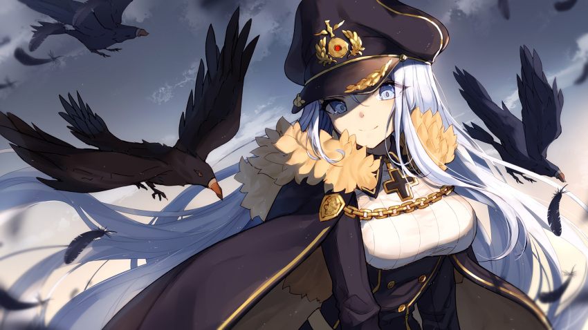 1girl animal bangs bird bison_cangshu black_cape black_feathers black_hat black_skirt blue_eyes blue_sky breasts cape chains character_request closed_mouth clouds collared_shirt commentary day feathers fur-trimmed_cape fur_trim hair_between_eyes hat head_tilt high-waist_skirt highres iron_cross long_hair long_sleeves medium_breasts military_hat outdoors peaked_cap shirt silver_hair skirt sky smile solo very_long_hair white_shirt zhan_jian_shao_nyu