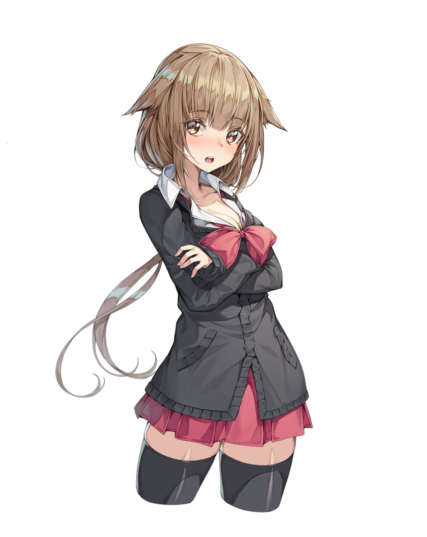 1girl :o animal_ears bangs black_cardigan black_legwear blush bow breasts brown_eyes brown_hair cardigan cleavage collarbone collared_shirt commentary_request cropped_legs crossed_arms ears_down eyebrows_visible_through_hair fingernails hair_between_eyes highres long_hair long_sleeves medium_breasts mokew nose_blush original parted_lips pleated_skirt red_bow red_skirt shirt sidelocks simple_background skirt sleeves_past_wrists solo thigh-highs very_long_hair white_background white_shirt