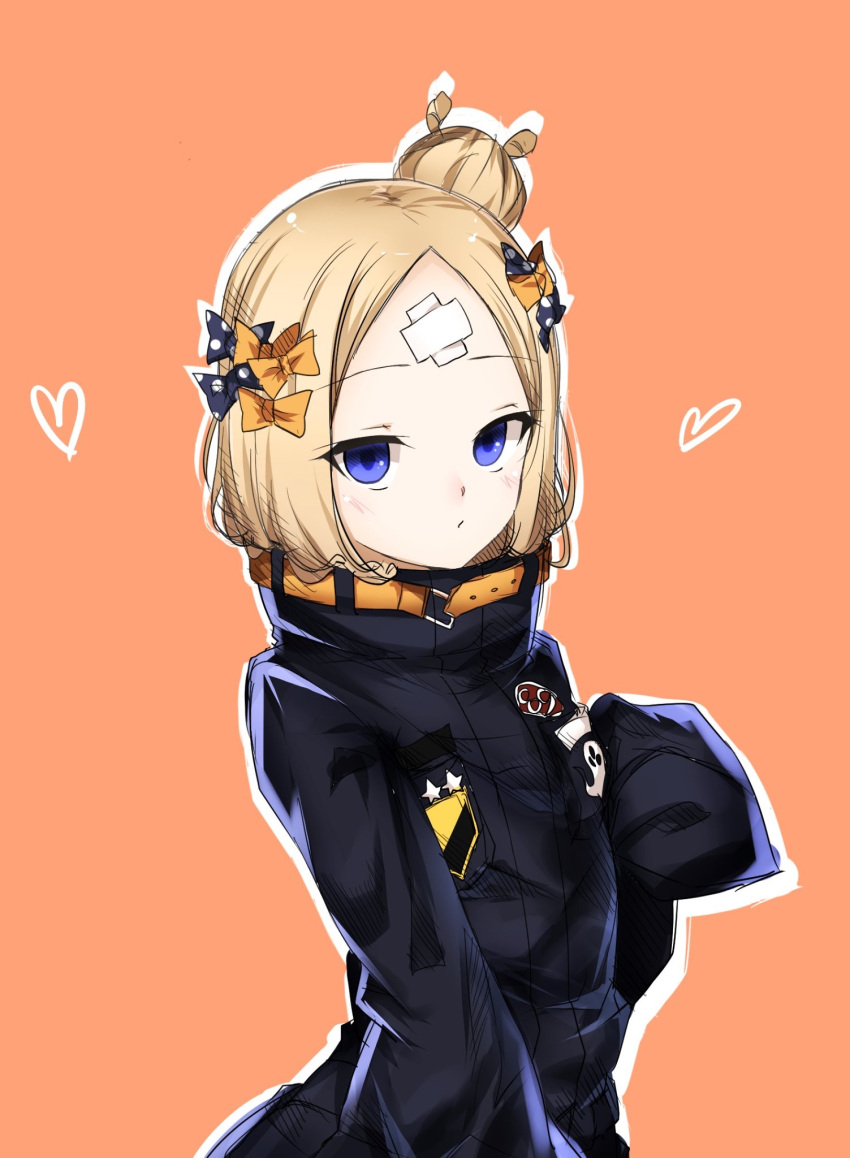 1girl abigail_williams_(fate/grand_order) bangs black_bow black_jacket blonde_hair blue_eyes blush bow brown_background closed_mouth commentary_request crossed_bandaids eyebrows_visible_through_hair fate/grand_order fate_(series) hair_bow hair_bun hand_up heart heroic_spirit_traveling_outfit highres jacket koro_(tyunnkoro0902) long_hair long_sleeves looking_at_viewer orange_bow outline parted_bangs polka_dot polka_dot_bow sleeves_past_fingers sleeves_past_wrists solo star white_outline