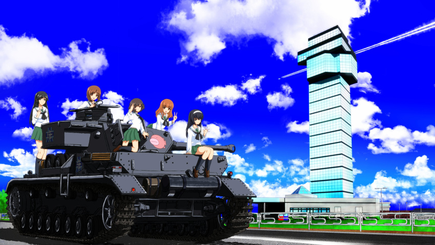 5girls absurdres akiyama_yukari girls_und_panzer ground_vehicle highres isuzu_hana long_hair military military_vehicle motor_vehicle multiple_girls nishizumi_miho ooarai_school_uniform panzerkampfwagen_iv reizei_mako smile suzuki-shi takebe_saori tank