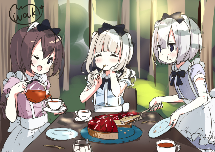3girls ;d absurdres animal_ears apron bangs black_bow blue_dress blue_eyes blush bow brown_hair cake closed_eyes commentary_request cup day dress eyebrows_visible_through_hair fang ferret_ears food foodgasm frilled_apron frills fruit grey_hair hair_between_eyes hair_bow head_tilt highres holding holding_saucer holding_spoon holding_teapot long_hair multiple_girls neki_(wakiko) one_eye_closed open_mouth original outdoors pink_dress pouring puffy_short_sleeves puffy_sleeves purple_dress saucer short_hair short_sleeves signature sitting slice_of_cake smile spoon spoon_in_mouth standing strawberry table tea teacup teapot tree waist_apron white_apron