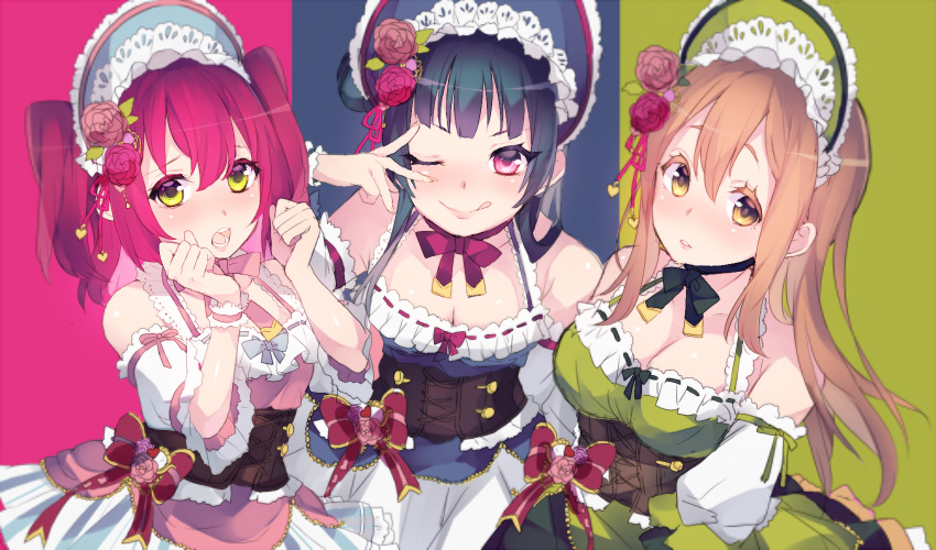 3girls aqua_eyes bangs blue_hair blunt_bangs bow bowtie breasts brown_hair cleavage clenched_hands detached_sleeves dress flower frills hair_flower hair_ornament headgear highres kunikida_hanamaru kurosawa_ruby love_live! love_live!_school_idol_project love_live!_sunshine!! mashiro_(rikuya) medium_breasts multicolored multicolored_background multiple_girls oktoberfest one_eye_closed open_mouth redhead ribbon side_bun tongue tongue_out tsushima_yoshiko two_side_up violet_eyes yellow_eyes