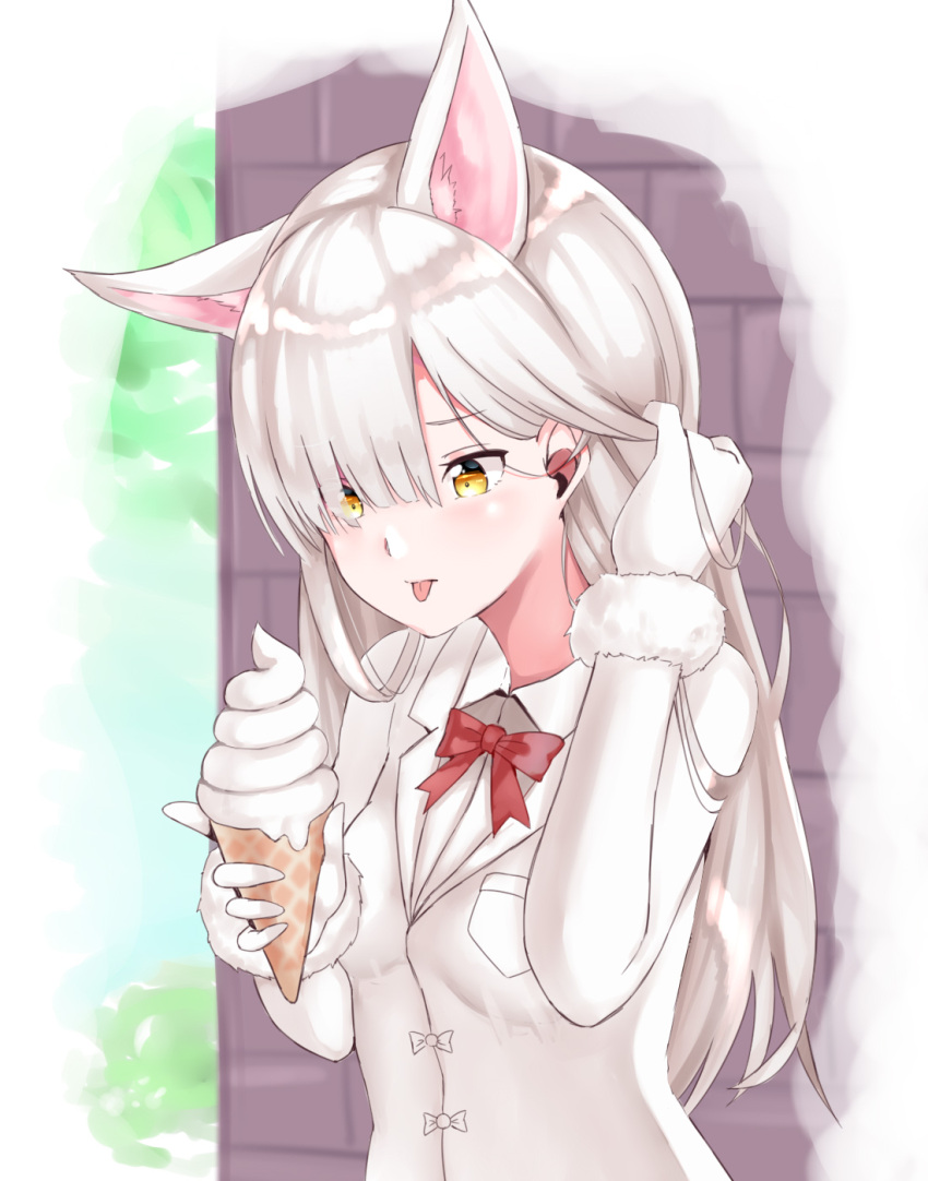 1girl animal_ear_fluff animal_ears arm_up bangs blush bow bowtie brick_wall brown_eyes closed_mouth collared_shirt eyebrows_visible_through_hair food fur-trimmed_sleeves fur_trim gloves grey_hair hair_over_one_eye hair_tucking highres holding holding_food ice_cream ice_cream_cone jacket kemono_friends long_hair long_sleeves looking_away looking_down oinari-sama_(kemono_friends) pikunoma red_neckwear shirt soft_serve solo standing tongue tongue_out upper_body very_long_hair white_gloves white_jacket white_shirt