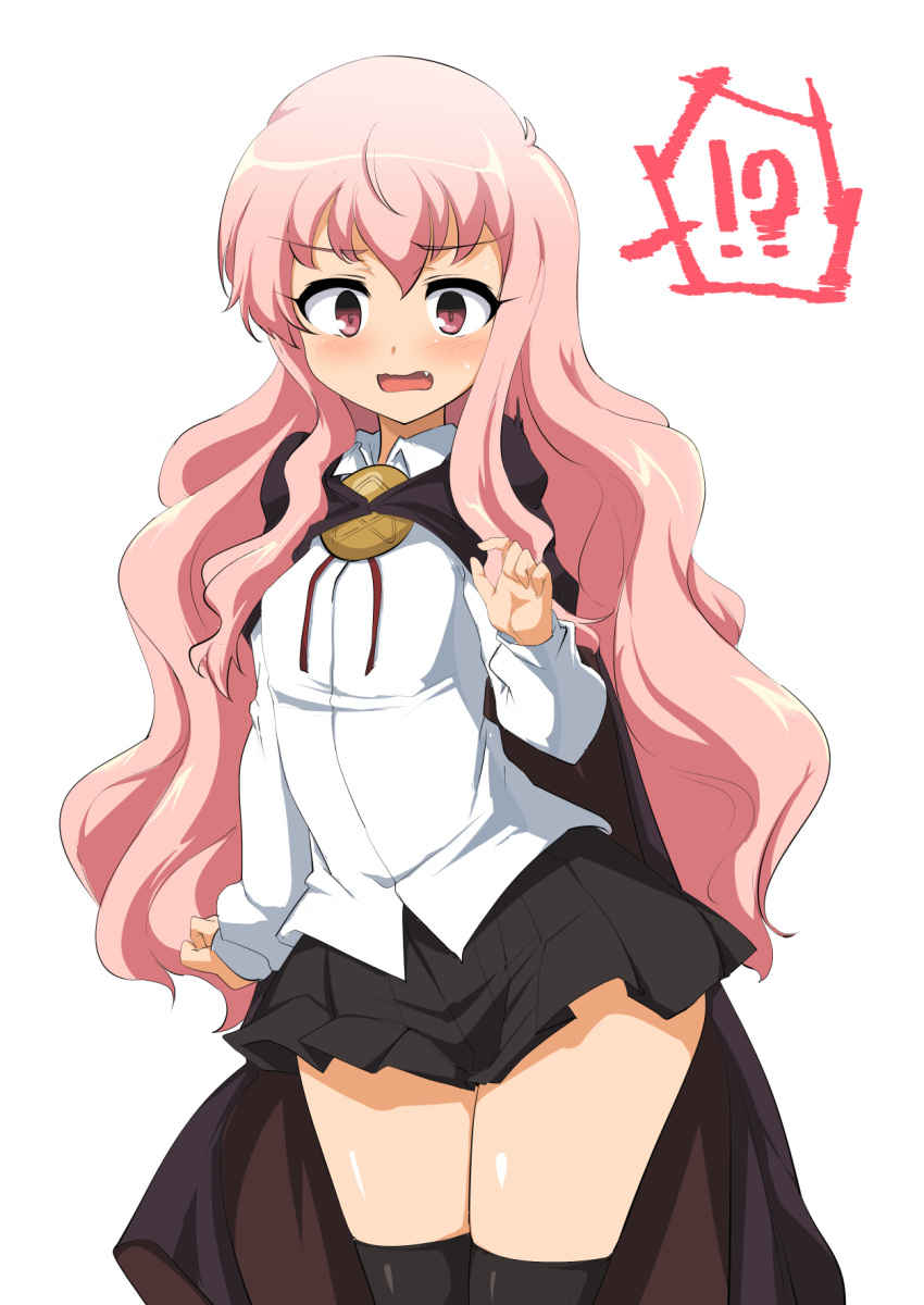 !? 1girl bangs black_legwear black_skirt blush brown_cape collared_shirt commentary_request eyebrows_visible_through_hair fang hair_between_eyes hand_up highres long_hair long_sleeves louise_francoise_le_blanc_de_la_valliere momio open_mouth pink_hair pleated_skirt red_eyes shirt skirt sleeves_past_wrists solo spoken_interrobang sweat thigh-highs very_long_hair wavy_mouth white_shirt zero_no_tsukaima