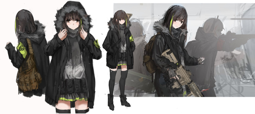 3girls alternate_costume assault_rifle boots coat girls_frontline gun headphones highres hooded_coat m4_carbine m4_sopmod_ii m4_sopmod_ii_(girls_frontline) m4a1_(girls_frontline) multiple_girls rifle skirt st_ar-15_(girls_frontline) thigh-highs unitsu weapon winter_clothes winter_coat