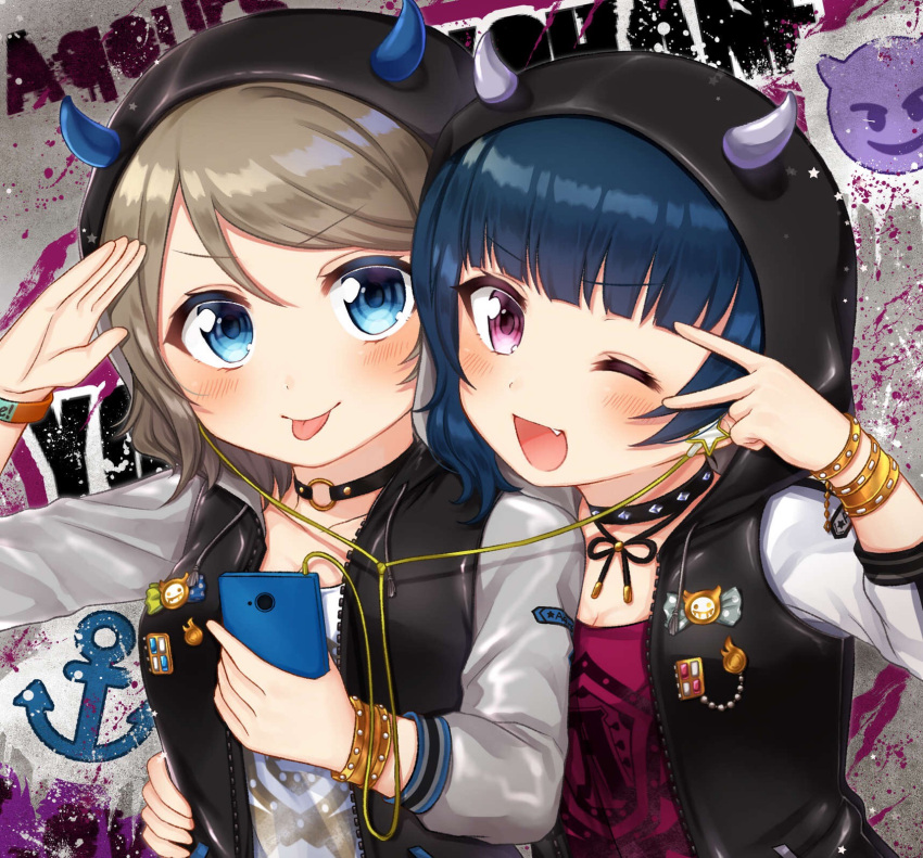 2girls :p ;d anchor_symbol arm_around_waist bad_id bad_pixiv_id badge bangs black_choker black_jacket blue_eyes blue_hair blush bracelet breasts button_badge cellphone choker cleavage collarbone demon_horns earphones emoji eyebrows_visible_through_hair fang grey_hair group_name highres holding holding_phone hood hood_up hooded_jacket horns jacket jewelry long_sleeves looking_at_viewer love_live! love_live!_sunshine!! mkzk_nagi multiple_girls o-ring o-ring_choker one_eye_closed open_mouth paint_splatter phone print_shirt purple_shirt raglan_sleeves salute shared_earphones shirt smartphone smile studded_choker tongue tongue_out tsushima_yoshiko upper_body v-shaped_eyebrows v_over_eye violet_eyes watanabe_you white_shirt