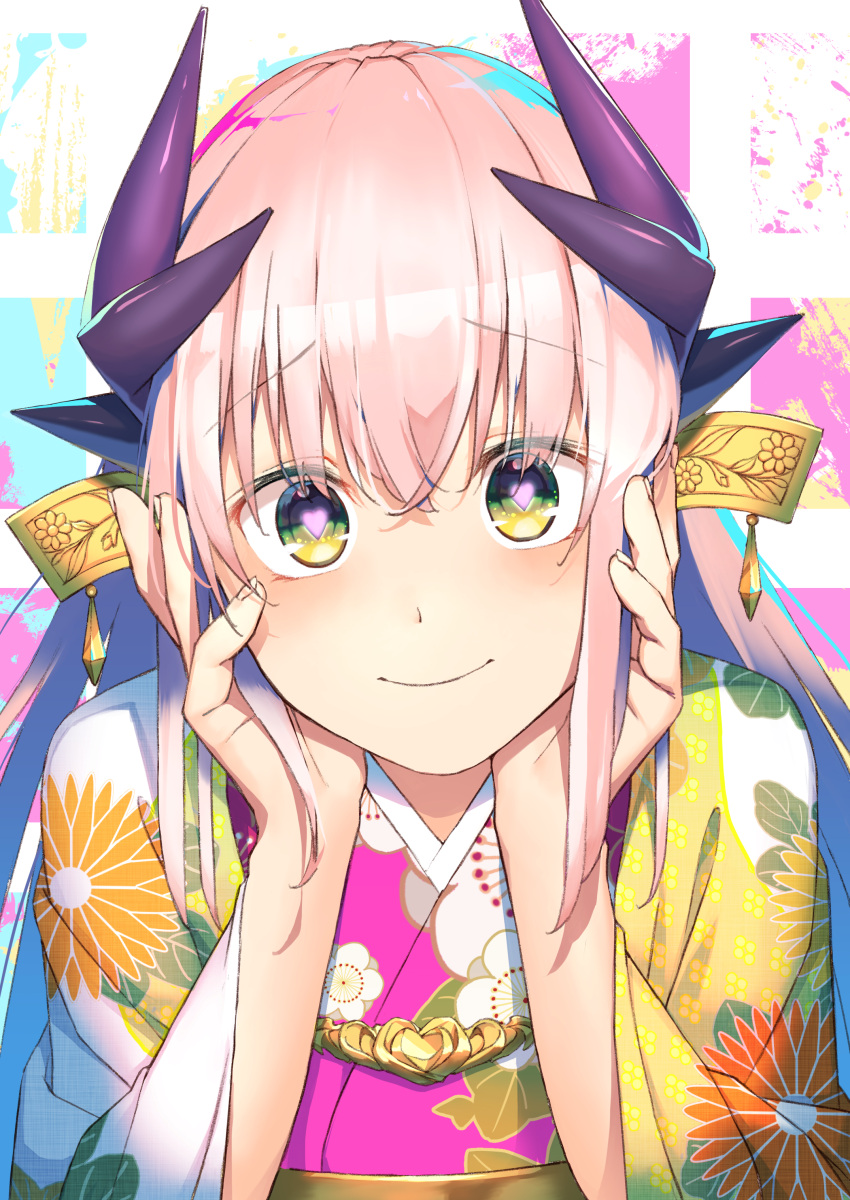 1girl absurdres bangs black_eyes blush close-up closed_mouth commentary_request eyebrows_visible_through_hair face fate/grand_order fate_(series) fingernails floral_print green_eyes hands_on_own_cheeks hands_on_own_face heart heart-shaped_pupils highres horns japanese_clothes kimono kiyohime_(fate/grand_order) long_sleeves looking_at_viewer multicolored multicolored_background multicolored_eyes pink_hair print_kimono shiny shiny_hair smile solo symbol-shaped_pupils upper_body wide_sleeves xkirara39x yellow_eyes