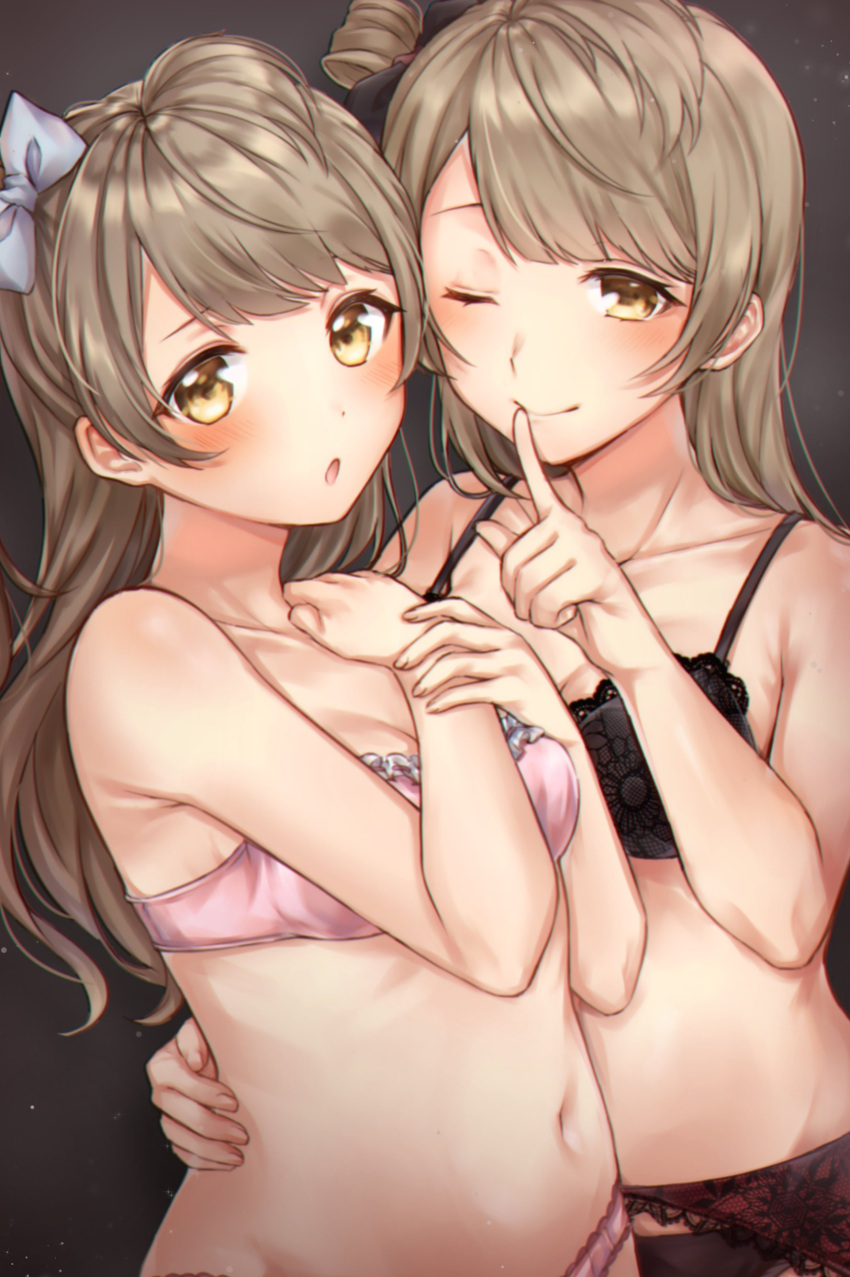 2girls ;) absurdres bangs bare_arms bare_shoulders black_bow black_bra black_panties blue_bow bow bra brown_eyes brown_hair closed_mouth collarbone commentary_request eyebrows_visible_through_hair finger_to_mouth fingernails garter_belt hair_bow hand_on_another's_waist hands_on_own_chest hands_up highres index_finger_raised lace lace_bra long_hair love_live! love_live!_school_idol_project minami_kotori mkzk_nagi multiple_girls navel one_eye_closed one_side_up panties parted_lips pink_bra pink_panties shushing smile underwear underwear_only very_long_hair