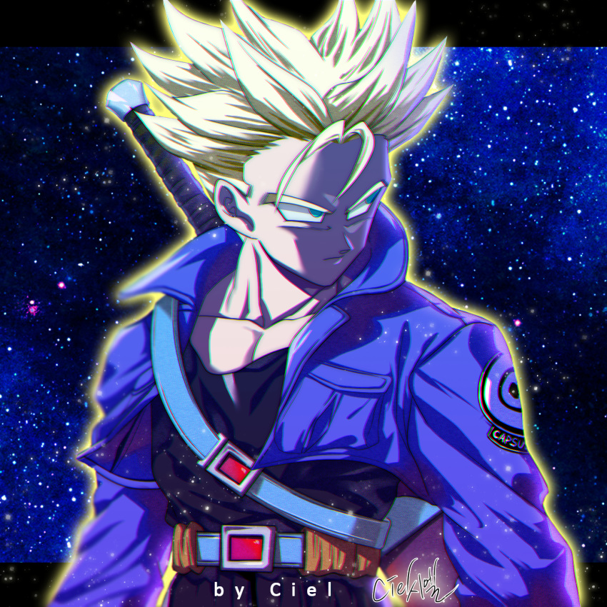 1boy aqua_eyes arms_at_sides artist_name belt black_shirt blonde_hair commentary denim denim_jacket dragon_ball dragonball_z expressionless highres jacket letterboxed looking_away male_focus open_clothes open_jacket outside_border shaded_face shirt short_hair signature spiky_hair standing star starry_background super_saiyan sword tarutobi trunks_(dragon_ball) upper_body weapon