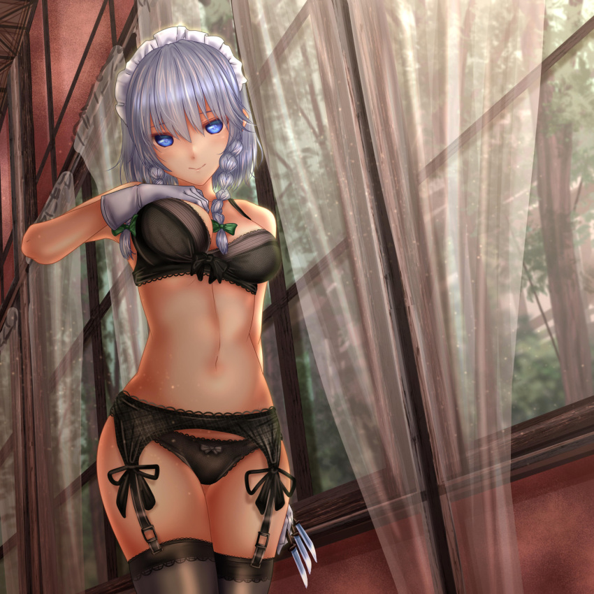 1girl bangs bare_arms bare_shoulders black_bow black_bra black_legwear black_panties black_ribbon blue_eyes bow bow_bra bow_panties bra braid breasts commentary_request cowboy_shot curtains eyebrows_visible_through_hair garter_belt gloves green_bow hair_between_eyes hair_bow hand_on_own_chest head_tilt highres holding holding_knife holding_weapon indoors izayoi_sakuya knife knives_between_fingers light_particles looking_at_viewer maid_headdress medium_breasts navel panties ribbon short_hair shounen_(hogehoge) silver_hair smile solo standing stomach thigh-highs thighs touhou tree twin_braids underwear underwear_only weapon white_gloves window