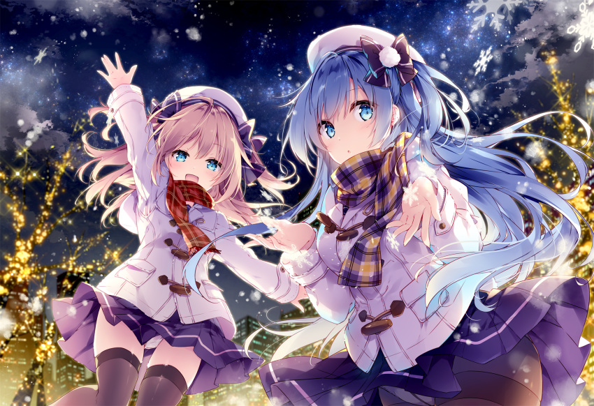 2girls :d :o arm_up bangs beret black_bow black_legwear blonde_hair blue_eyes blue_hair blue_skirt blush bow city city_lights crotch_seam duffel_coat emori_el emori_miku emori_miku_project eyebrows_visible_through_hair floating_hair hair_bow hair_ornament hands_up hat highres long_hair long_sleeves looking_at_viewer miniskirt mochizuki_shiina multiple_girls night night_sky official_art one_side_up open_mouth outdoors outstretched_arm panties panties_under_pantyhose pantyhose pantyshot pantyshot_(standing) parted_lips plaid plaid_scarf pleated_skirt pom_pom_(clothes) red_scarf scarf school_uniform skirt sky smile snowflakes snowing standing star_(sky) starry_sky thigh-highs thighband_pantyhose two_side_up underwear very_long_hair waving white_hat white_panties winter winter_clothes