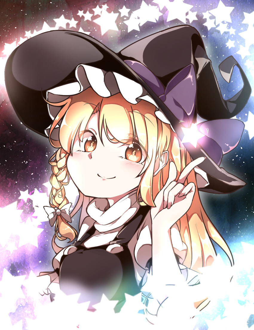 1girl bangs black_hat blonde_hair bow braid closed_mouth eyebrows_visible_through_hair eyes_visible_through_hair fingernails gokuu_(acoloredpencil) hair_bow hat hat_bow highres kirisame_marisa long_hair looking_at_viewer orange_eyes purple_bow side_braid smile solo star touhou turtleneck upper_body white_bow witch_hat