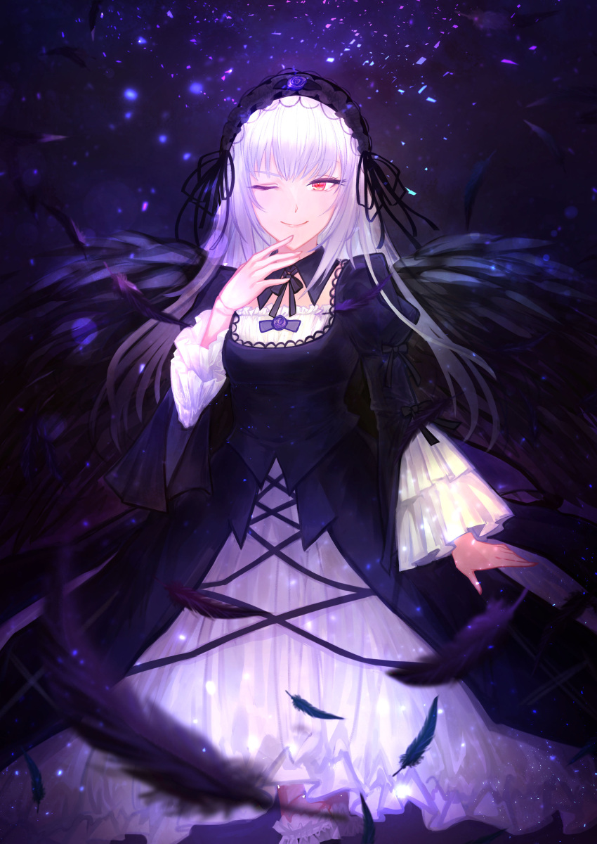 1girl ;) absurdres arm_at_side bangs black_dress black_hairband black_neckwear black_ribbon black_wings closed_mouth colored_eyelashes commentary_request dark_background detached_collar dress feathered_wings feathers feet_out_of_frame flower frilled_sleeves frills glowing hairband hand_on_hip hekiyama_yurika highres lavender_hair layered_sleeves lens_flare lolita_hairband long_hair long_sleeves neck_ribbon one_eye_closed purple_flower purple_rose red_eyes ribbon rose rozen_maiden smile solo standing straight_hair suigintou wings