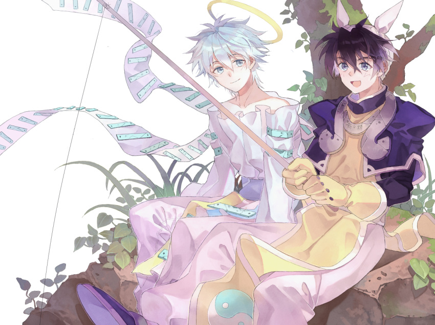 2boys arm_support bangs black_hair blue_eyes blue_footwear blue_hair closed_mouth fishing fishing_rod fugen_shinjin gloves hair_between_eyes halo houshin_engi kuromamechabita leaf male_focus multiple_boys open_mouth pants robe short_hair simple_background sitting sitting_on_ground sitting_on_rock smile taikoubou tree white_background white_pants yellow_gloves yin_yang