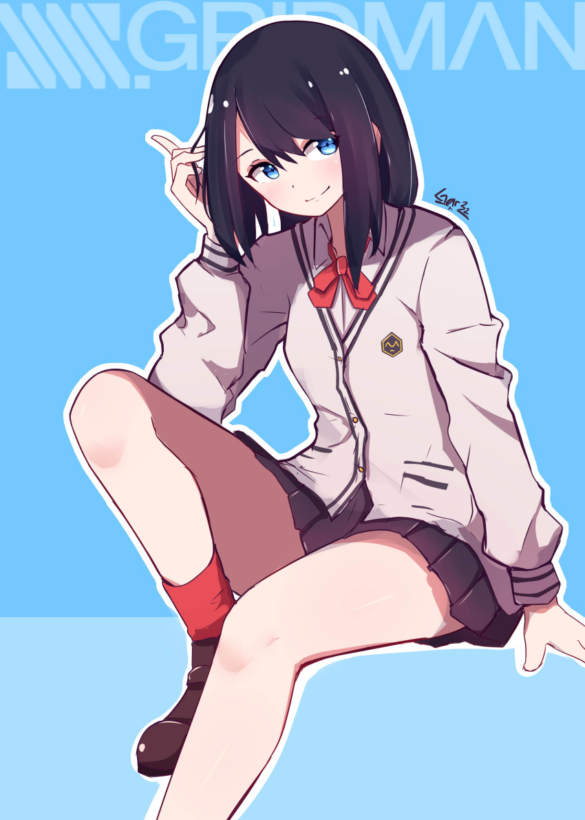 1girl absurdres bangs black_hair black_skirt blue_background blue_eyes bow cardigan collared_shirt copyright_name dated highres loafers long_hair long_sleeves looking_at_viewer miniskirt pleated_skirt red_bow red_legwear school_uniform shirt shoes sitting skirt smile solo ssss.gridman takarada_rikka tegar32 white_cardigan white_shirt