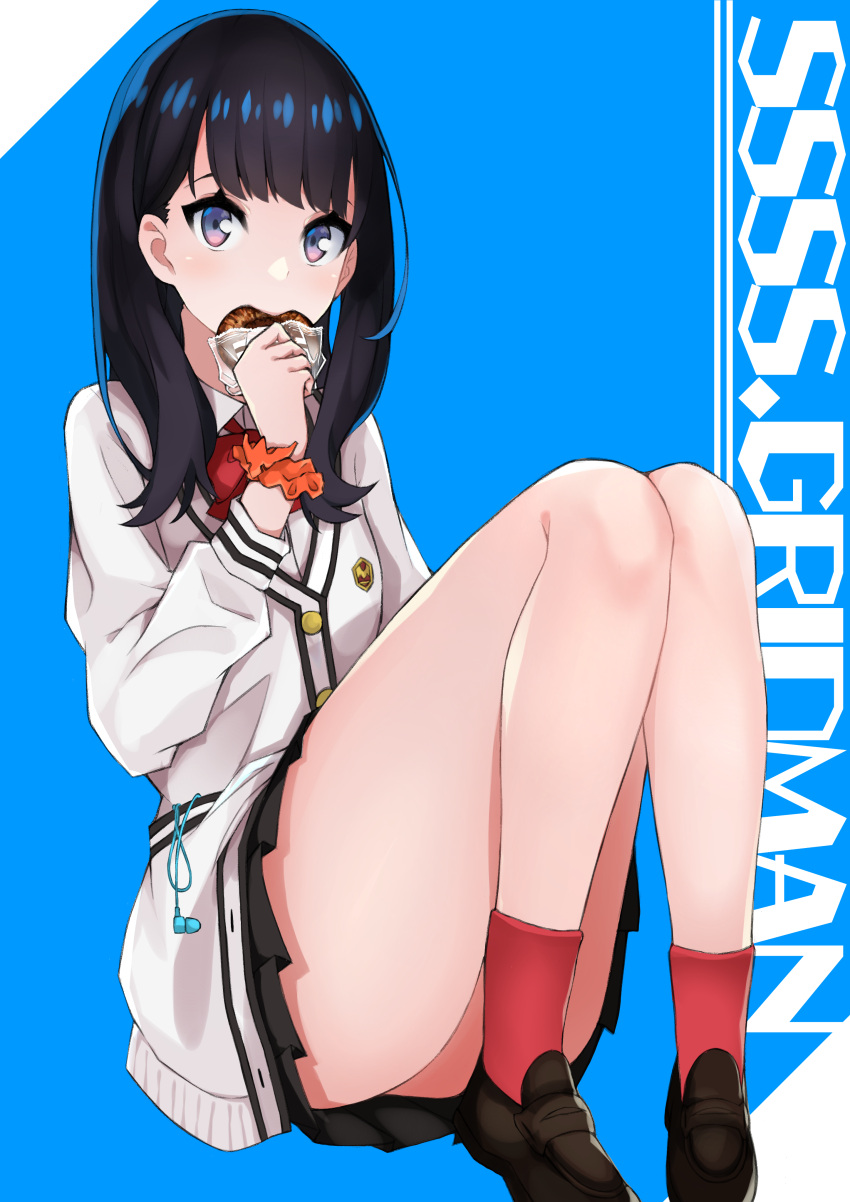 1girl absurdres bangs black_hair black_skirt blue_eyes bread cardigan food highres itame_moyashi long_hair long_sleeves looking_at_viewer pleated_skirt school_uniform scrunchie skirt ssss.gridman takarada_rikka thighs wrist_scrunchie